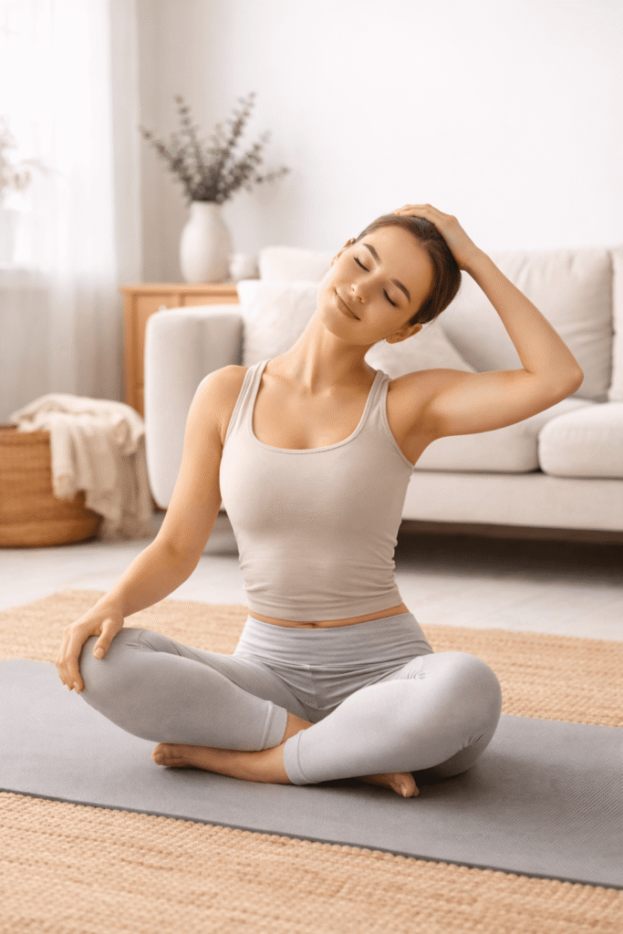 seated neck stretch yoga for stress relief and relaxation at home
