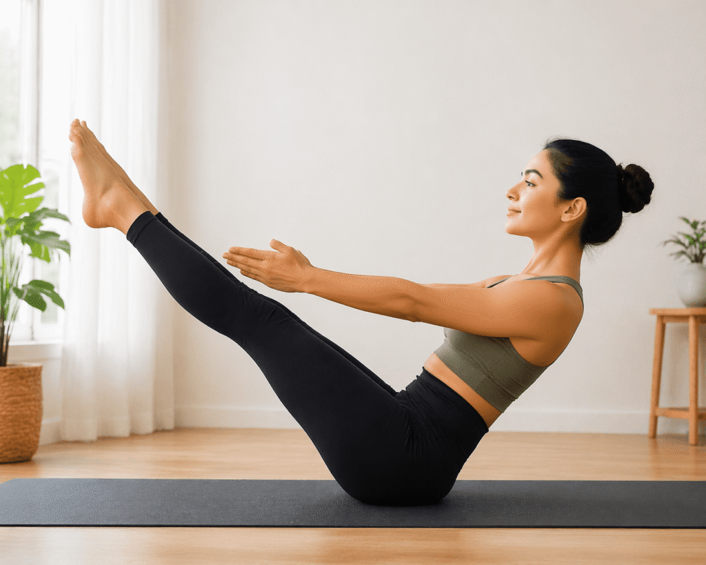 Boat pose yoga for beginners at home to strengthen core and reduce belly fat