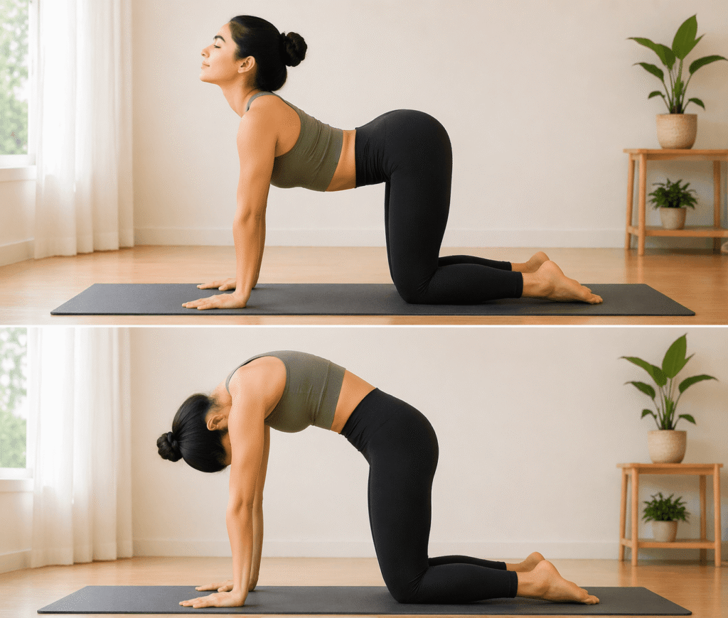 Woman performing Cat Cow Pose yoga stretch at home for beginners spine flexibility exercise