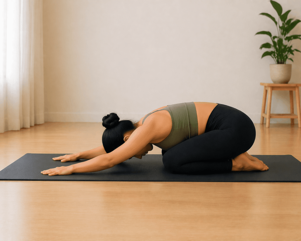 Child’s Pose yoga for beginners at home for relaxation and gentle stretch
