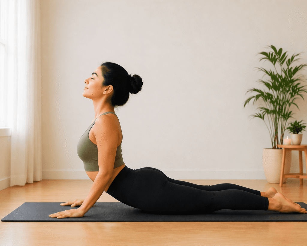 Cobra pose yoga for beginners at home to strengthen spine and improve posture