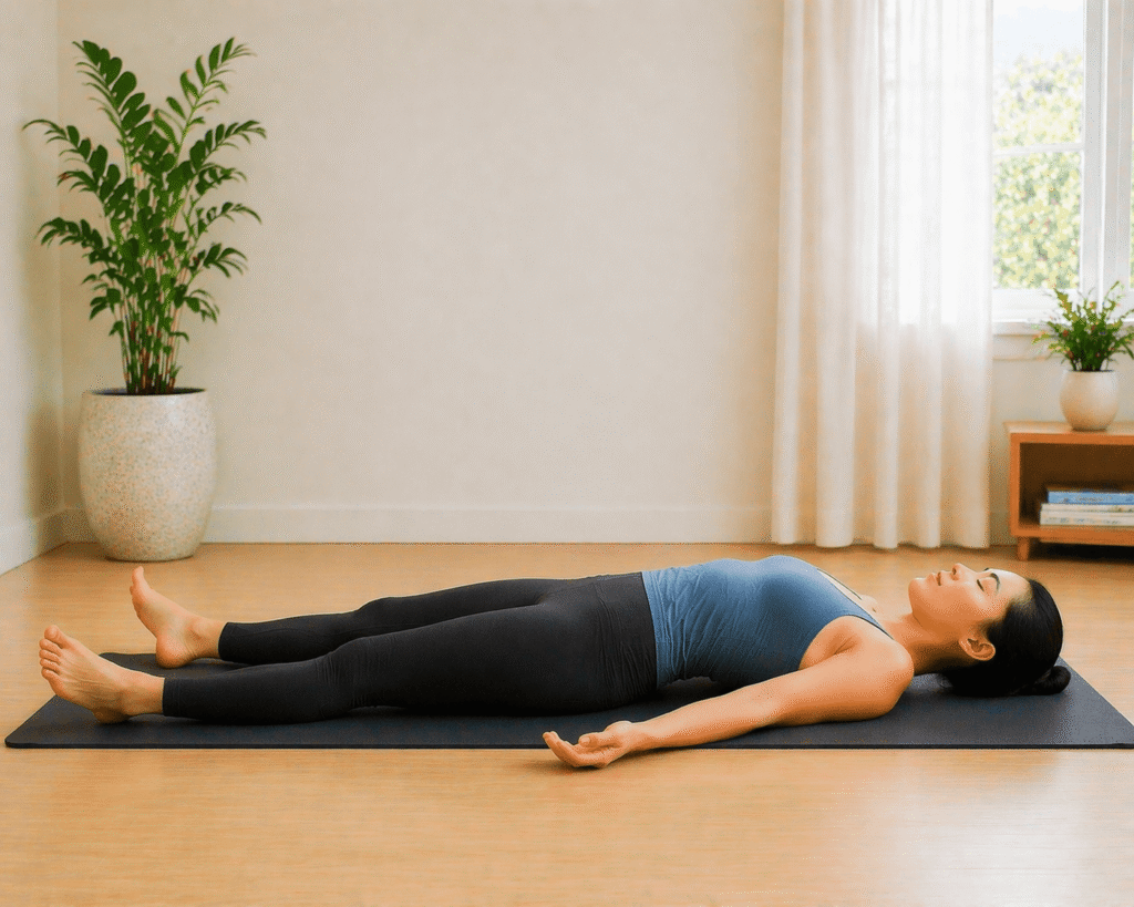 Corpse Pose Savasana for deep relaxation and stress relief