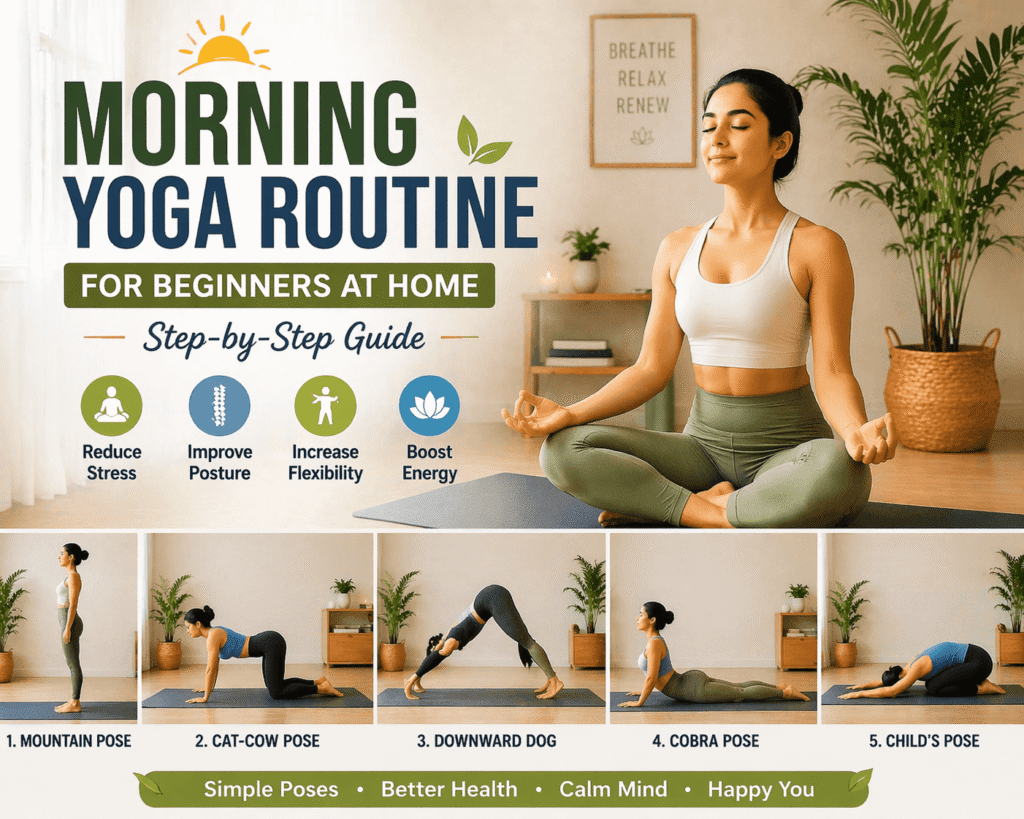 Morning yoga routine for beginners at home step by step poses guide