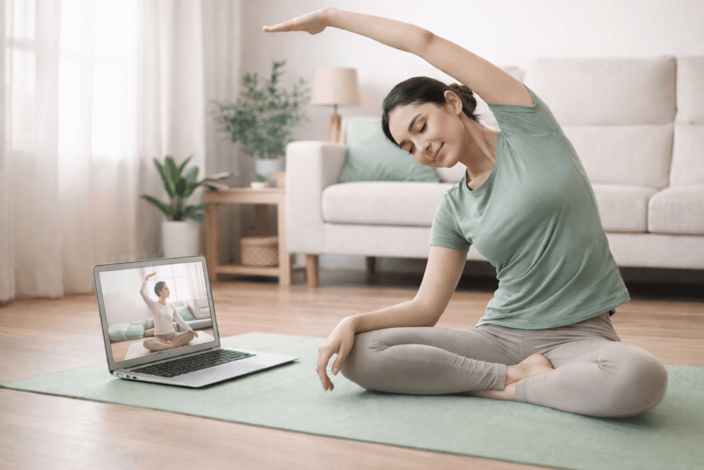 woman practicing online yoga at home for flexibility and stress relief