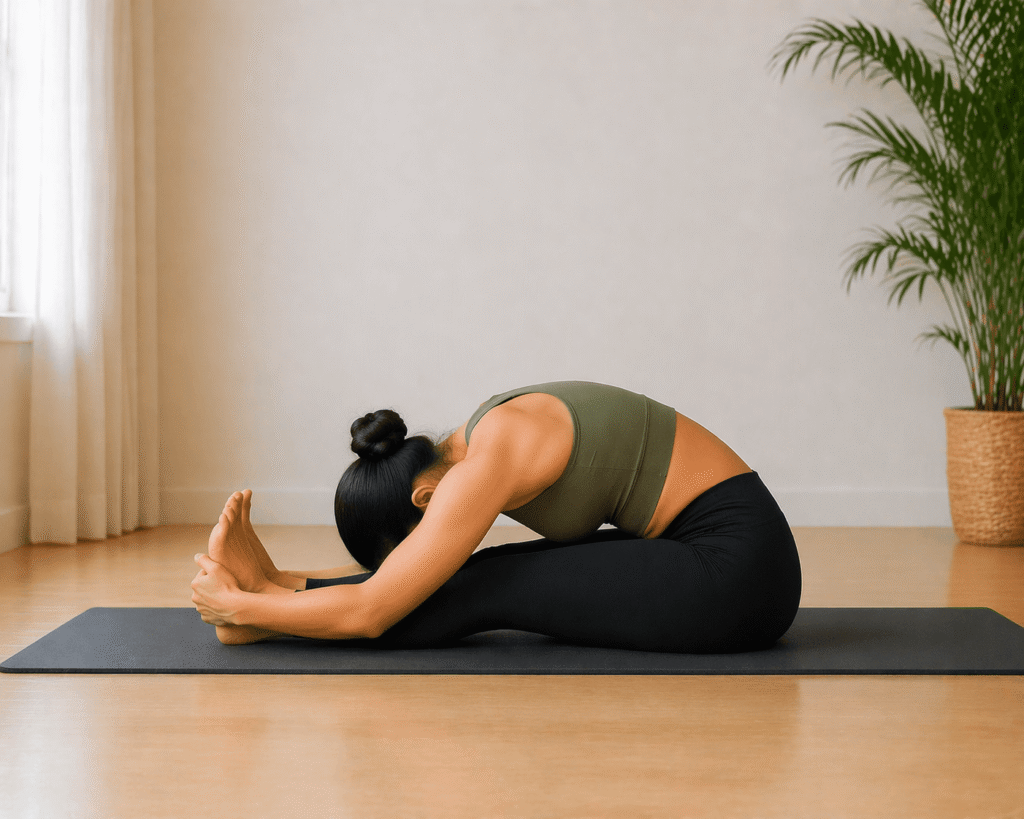 Seated Forward Bend yoga pose for beginners at home to stretch hamstrings and calm mind