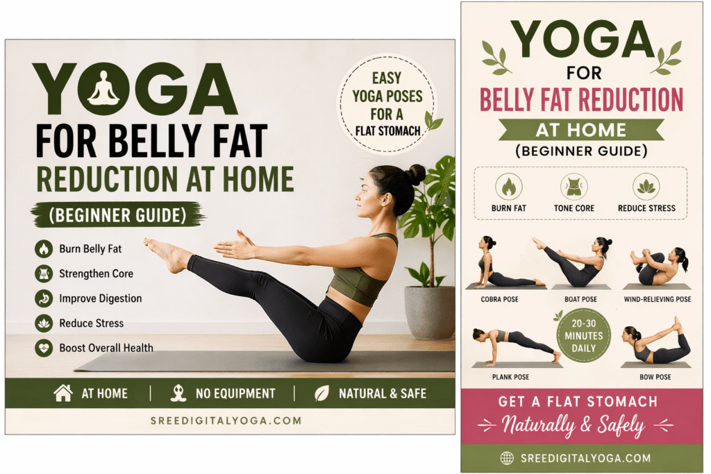 Beginner yoga poses for belly fat reduction at home including cobra, boat, plank and bow pose