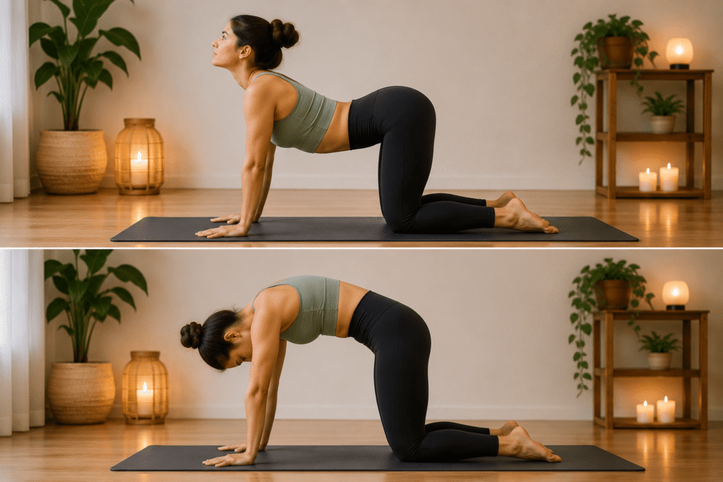 Woman practicing Cat-Cow Stretch yoga pose indoors to relax the spine and reduce stress before bedtime.