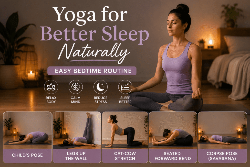 Woman practicing bedtime yoga for better sleep and relaxation naturally.