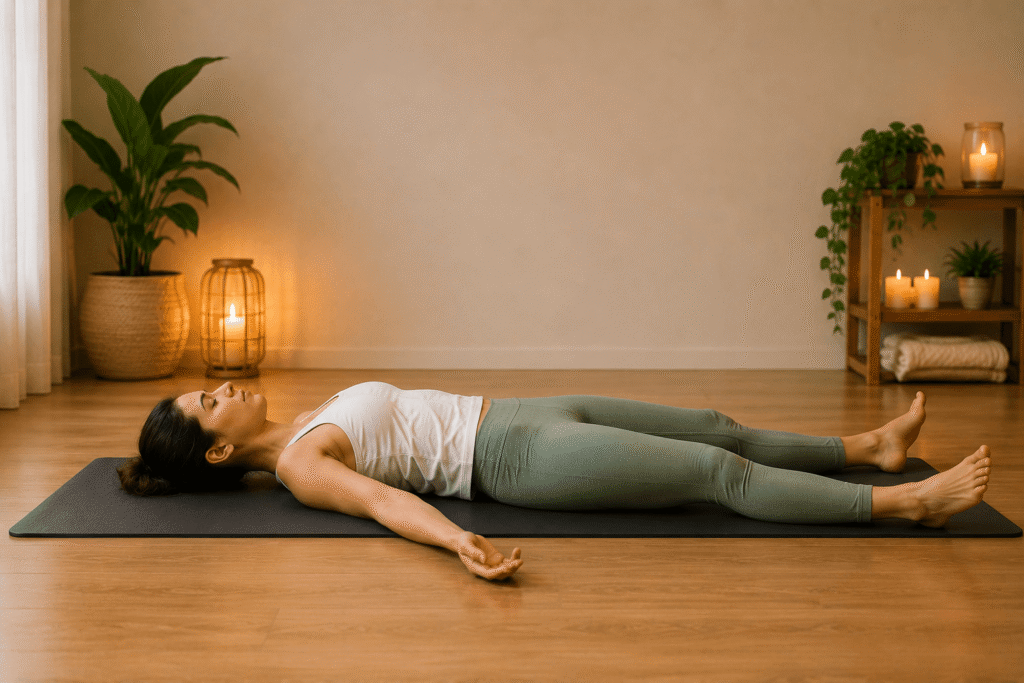 Woman practicing Corpse Pose (Savasana) indoors for deep relaxation, stress relief, and better sleep.