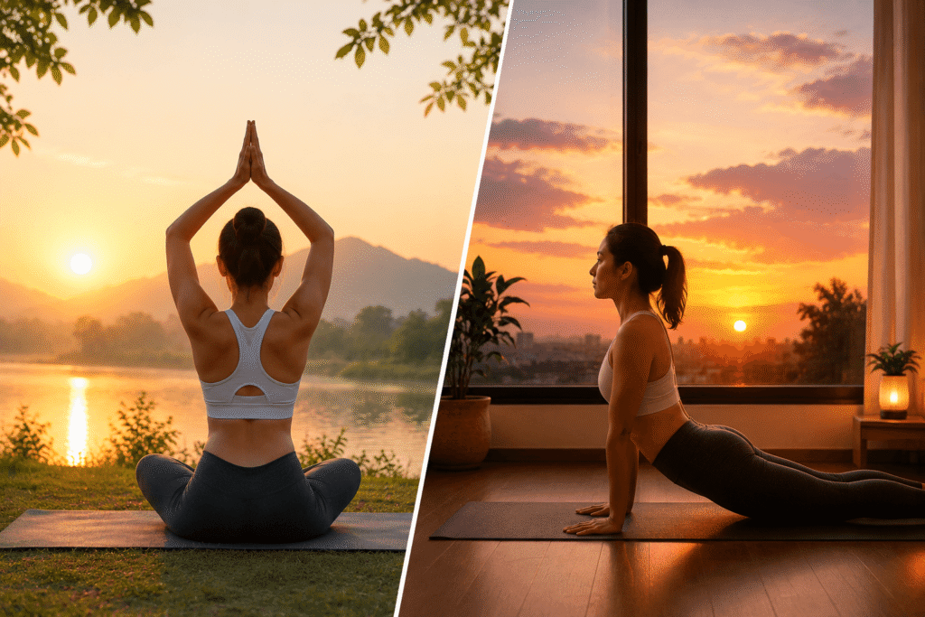 Woman practicing yoga at sunrise outdoors and sunset indoors, comparing the best time to do yoga for beginners.