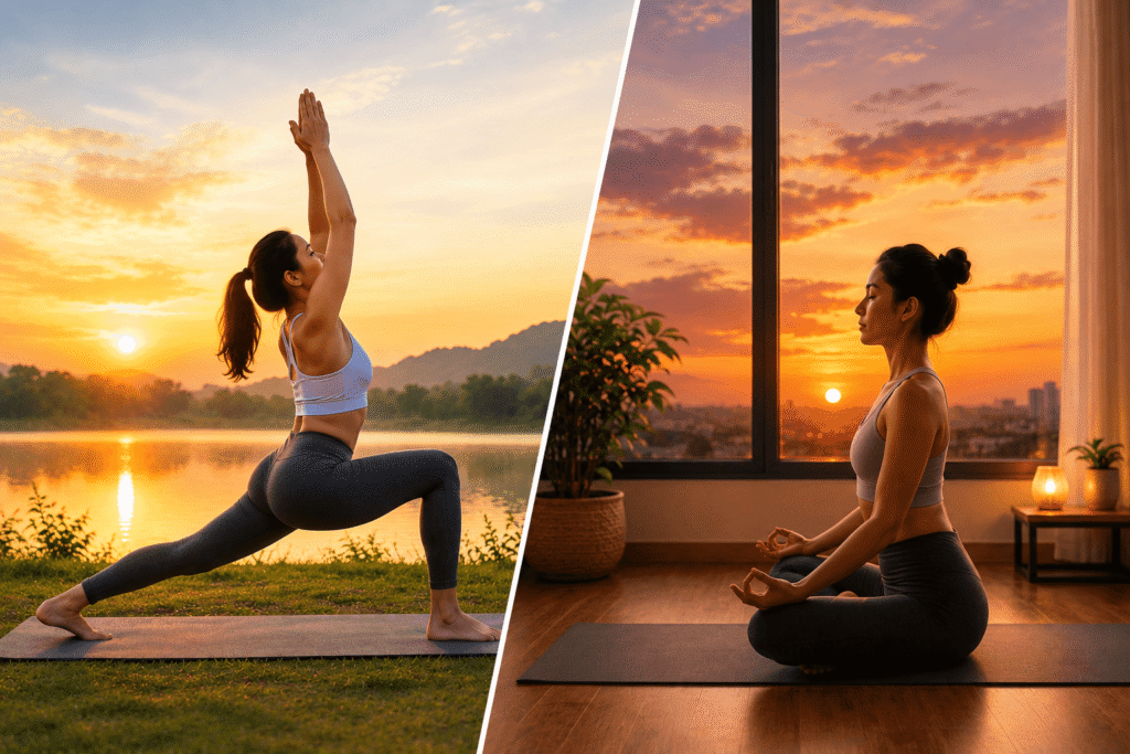 Woman practicing morning yoga outdoors and evening yoga indoors to compare the best time to do yoga for beginners.