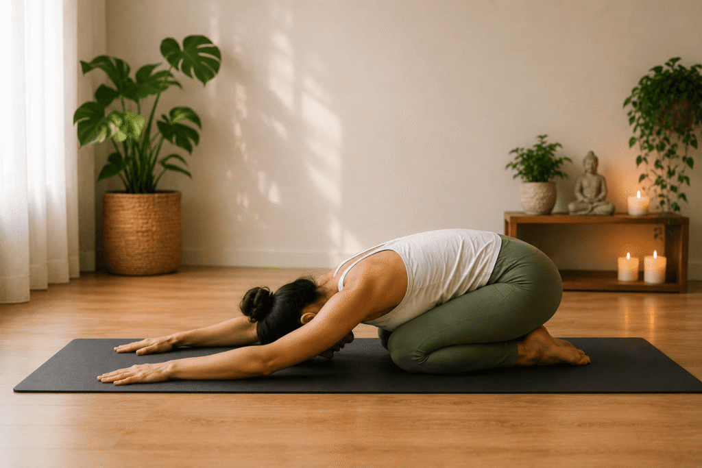 Woman practicing Child's Pose (Balasana) on a yoga mat in a peaceful indoor yoga space.