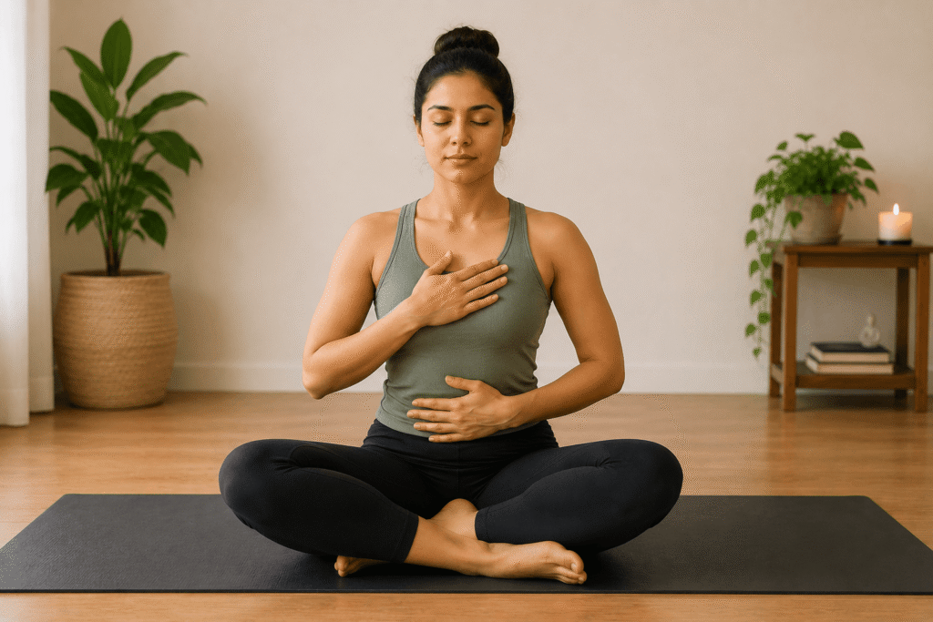 Woman practicing deep belly breathing while sitting cross-legged on a yoga mat in a calm indoor space.