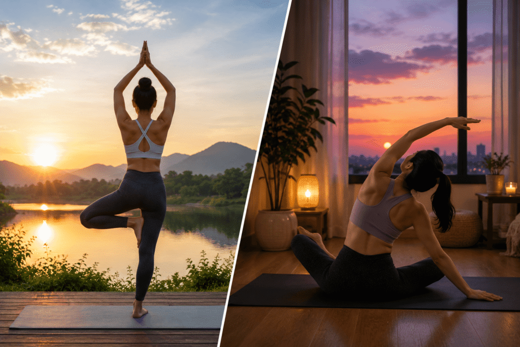 Beginner practicing morning yoga outdoors at sunrise and evening yoga indoors at sunset to compare the best time to do yoga.