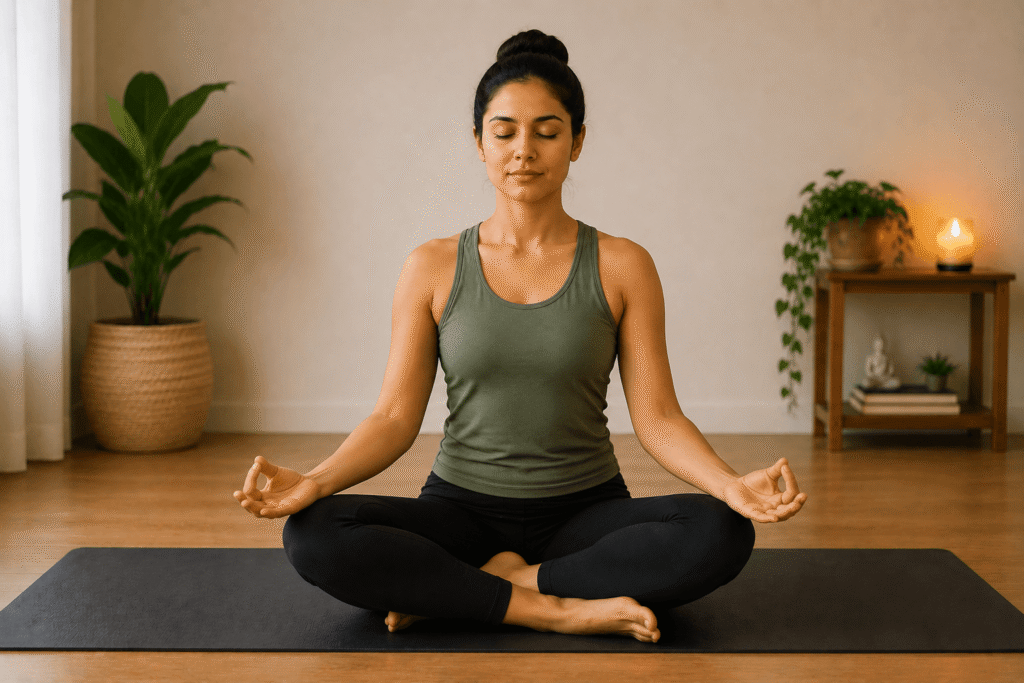 Woman practicing seated meditation with eyes closed on a yoga mat in a peaceful indoor setting.