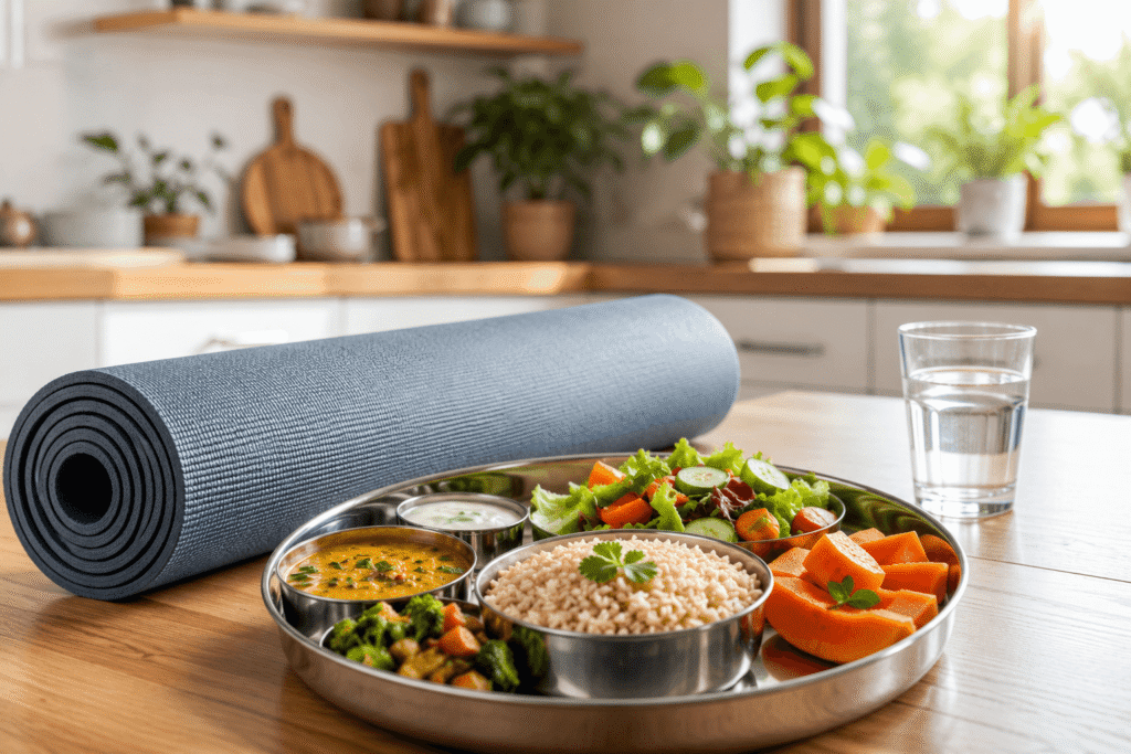 Healthy post-yoga meal with brown rice, dal, vegetables, fresh salad, fruit, and water beside a rolled yoga mat.