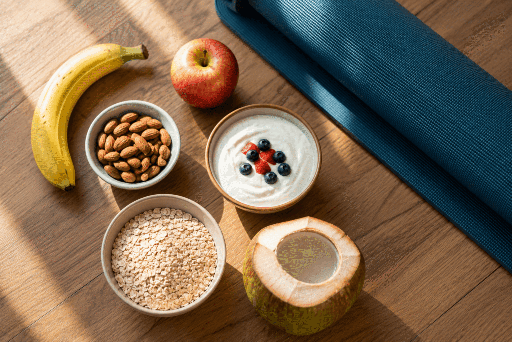Flat lay of healthy pre-yoga snacks including banana, apple, almonds, yogurt, oats, and coconut water beside a yoga mat.