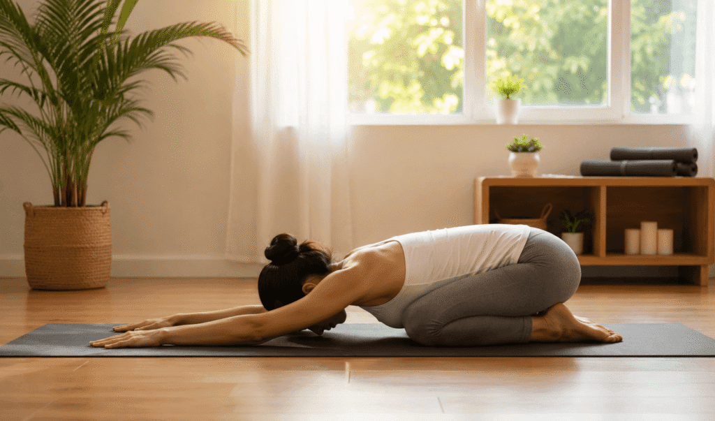 Beginner practicing Child's Pose (Balasana) during a safe daily yoga routine at home