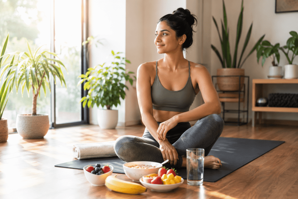 Healthy woman sitting on a yoga mat with banana, yogurt, oats, fresh fruits, and water before a morning yoga session.