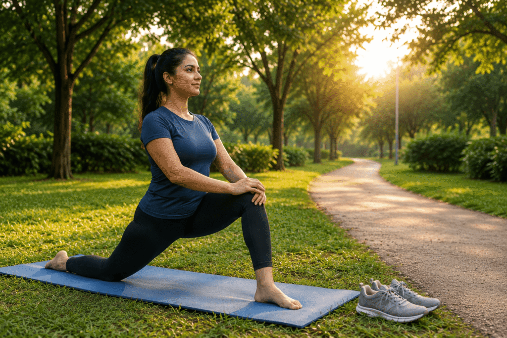 Woman performing a low lunge yoga pose after a morning walk in a green park.