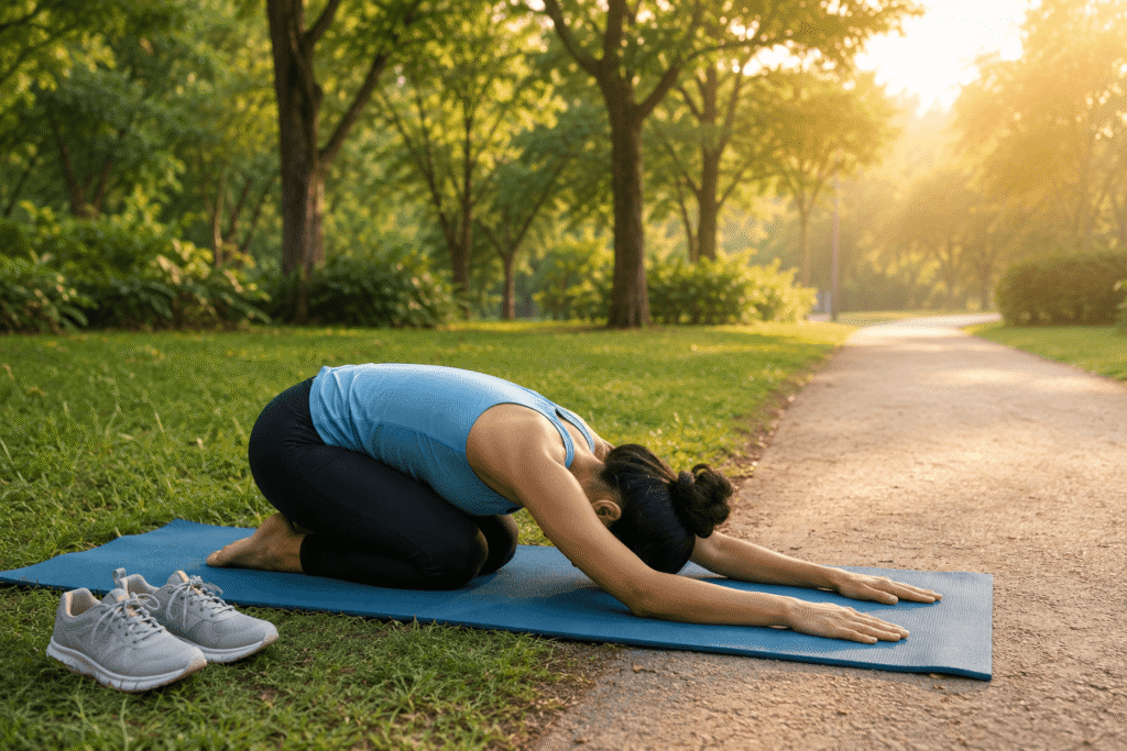Woman practicing Child's Pose (Balasana) on a yoga mat after a morning walk in a peaceful green park.