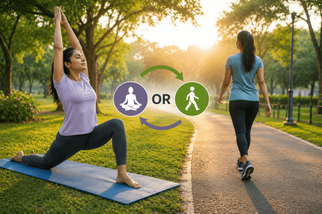 Woman practicing yoga beside a walking path while another woman walks in a green park at sunrise.