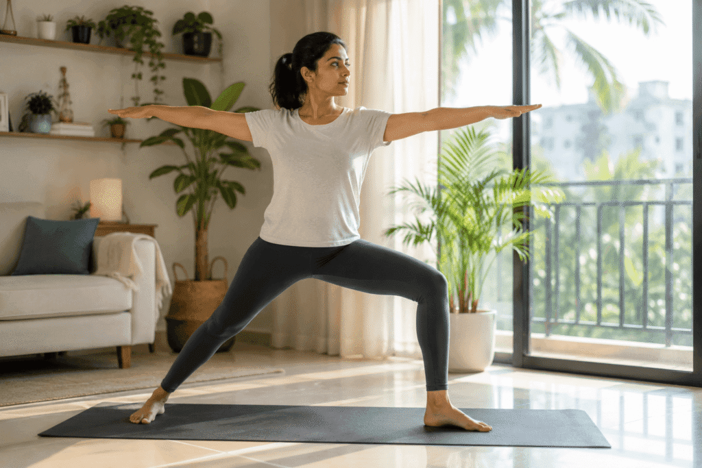 Beginner practicing yoga at home on a yoga mat