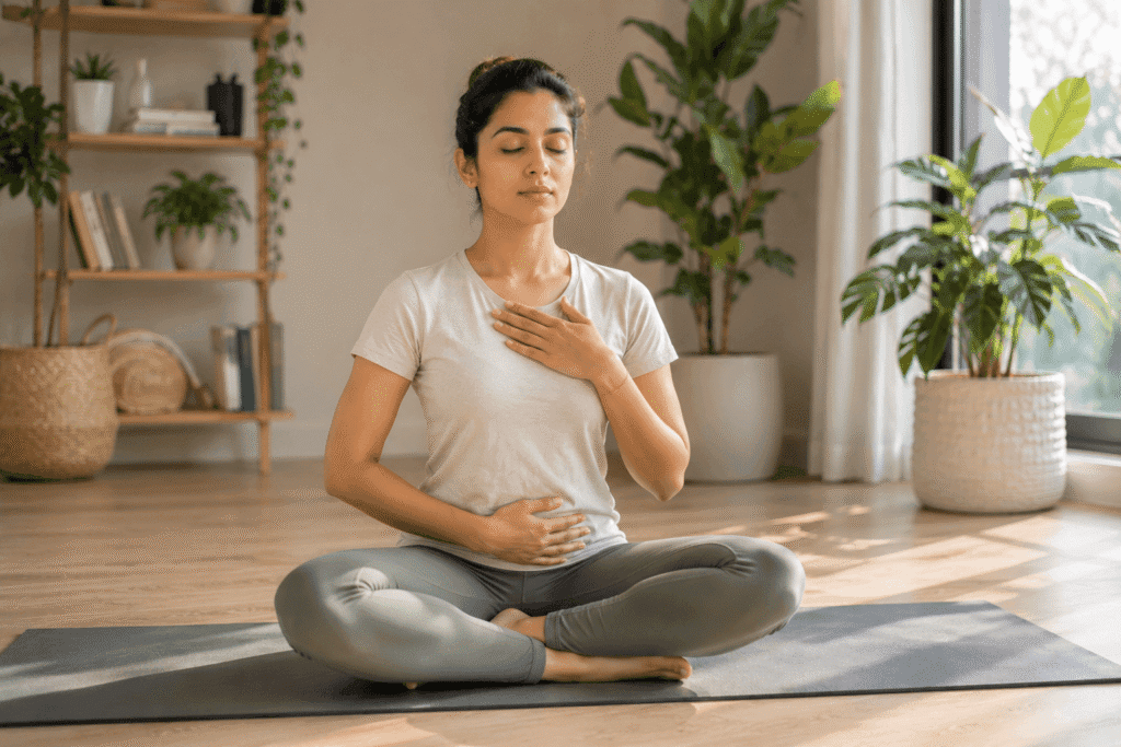 Beginner practicing relaxed breathing during yoga at home