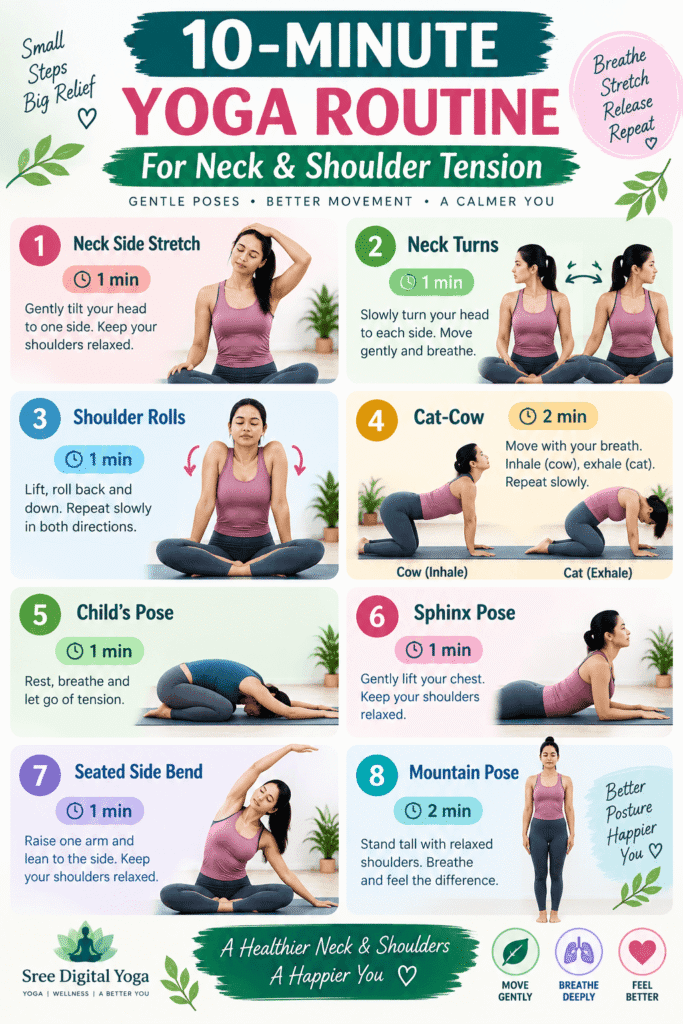10-minute yoga routine for neck and shoulder tension with 8 gentle poses